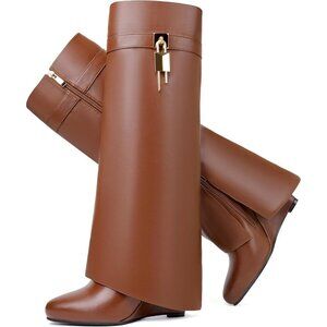 Women Faux Leather Brown Pull-on Wedge Heel Knee Shark Padlock Design Boot